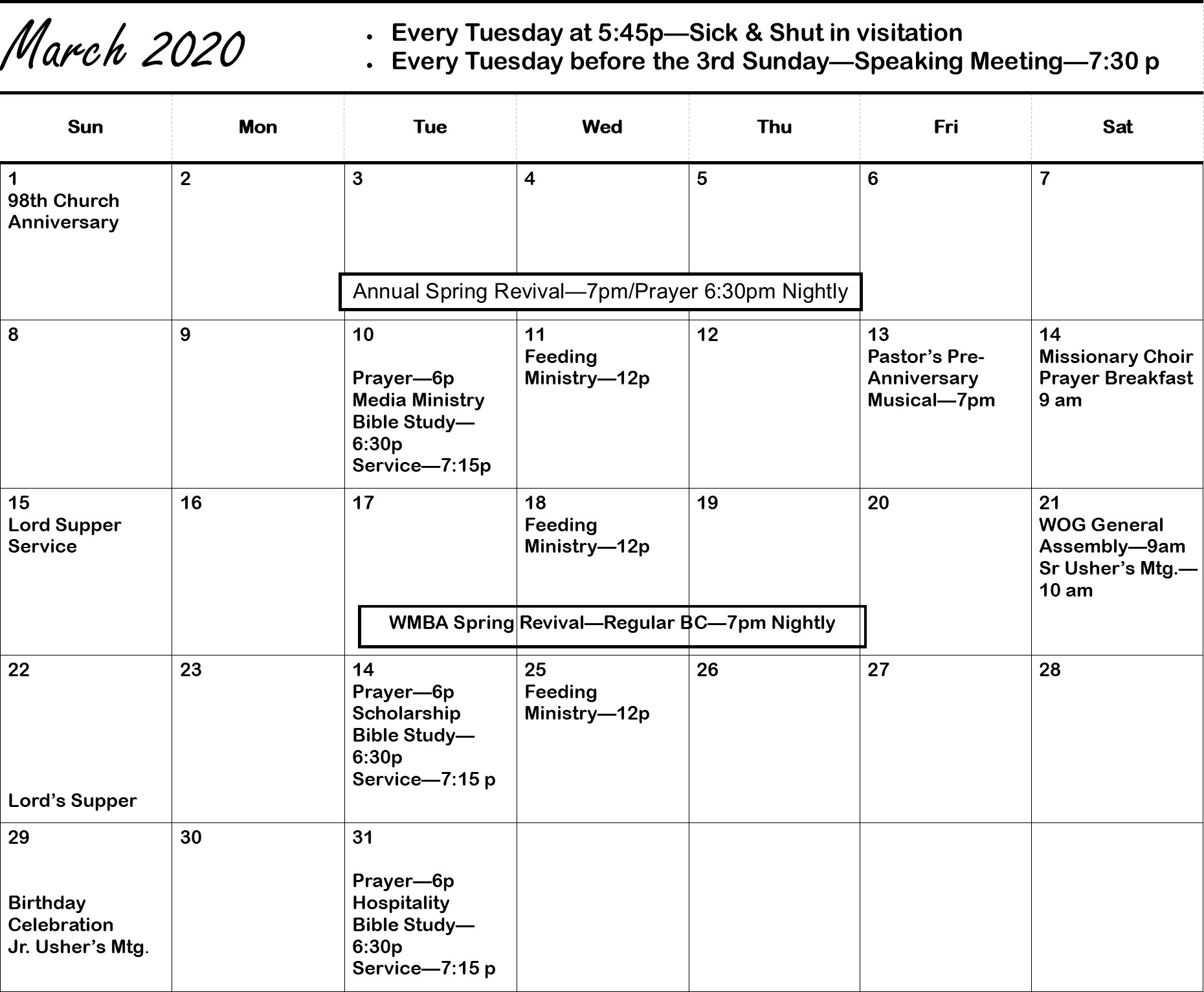 Calendar of Events St. Mary Missionary Baptist Church